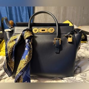 Gianni Versace Large Signature Lock Handbag Navy Blue LeatherTote 💙